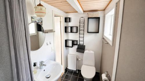 a bathroom with a white toilet and a sink at Beachhouse Syðrugøta in Syðrugøta