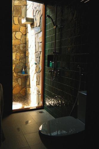 a bathroom with a stone shower and a tub at Berry Boutique in Hue