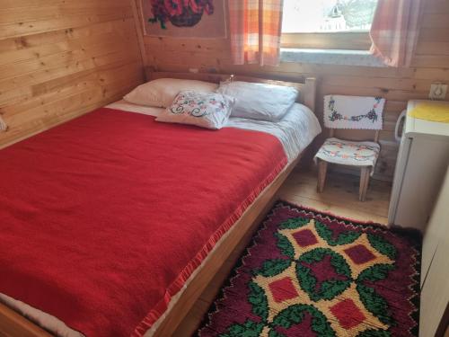 a bed in a tiny house with a red blanket at Karadžić in Žabljak
