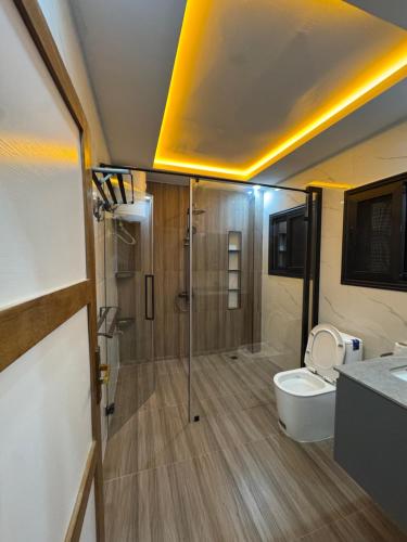 a bathroom with a shower and a toilet and a sink at Residence MBK Appartement A in Ziguinchor