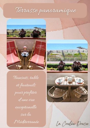 a collage of photos of a table and a table and chairs at Studio Vue mer, Piscine, Wifi, Climatisation, Parking privé, Terrasse 1ère ligne - La Coulée Douce in Frontignan