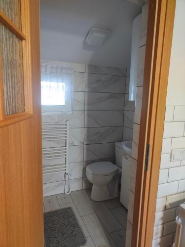 a bathroom with a toilet and a window at Domek MIŚ Na Stoku in Tylicz