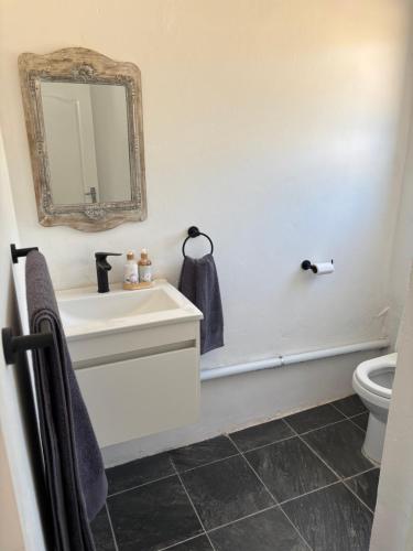 ein Badezimmer mit Waschbecken, Spiegel und Toilette in der Unterkunft Riverview Rest in Addo
