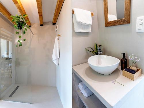 ein Badezimmer mit Waschbecken und Dusche in der Unterkunft Riverview cabin in Straža
