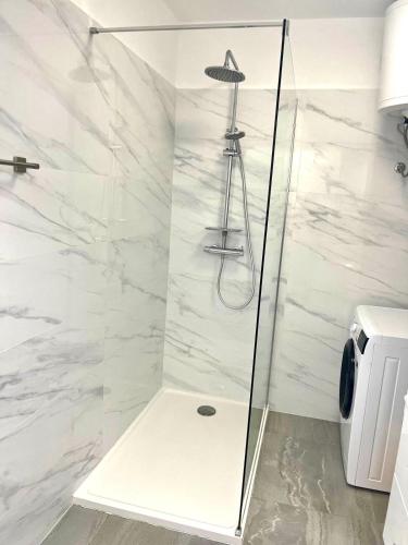 a shower in a bathroom with white marble at Apartman Luka in Pinezici