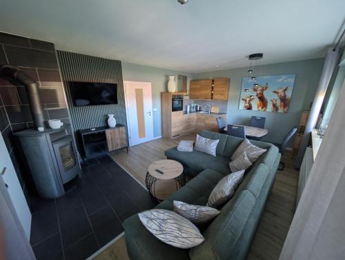 a living room with a couch and a tv at Dümmerblick II in Hüde