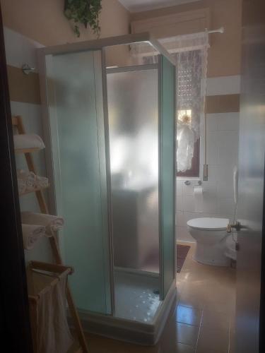 a bathroom with a glass shower and a toilet at Baby Home in Dalmine