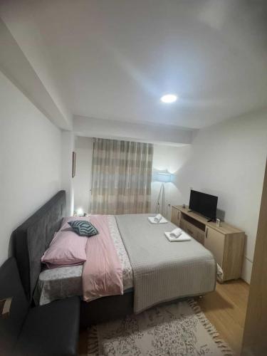 a small bedroom with a bed and a television at Ohrid Demarko Apartment in Ohrid