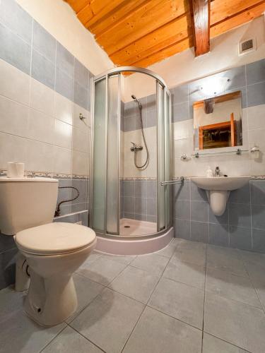 a bathroom with a shower and a toilet and a sink at Drevenica u Starona in Liptovská Kokava