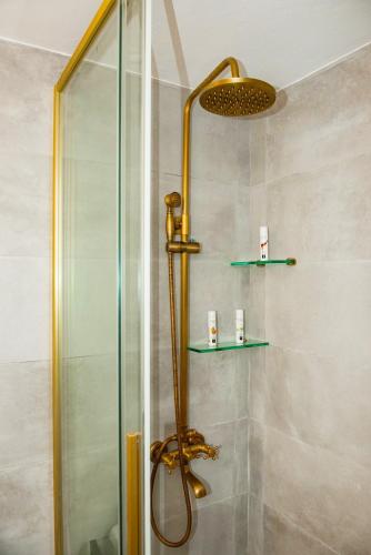 a shower with a shower head and a glass door at Giannis Papoutsis in Posidhonía