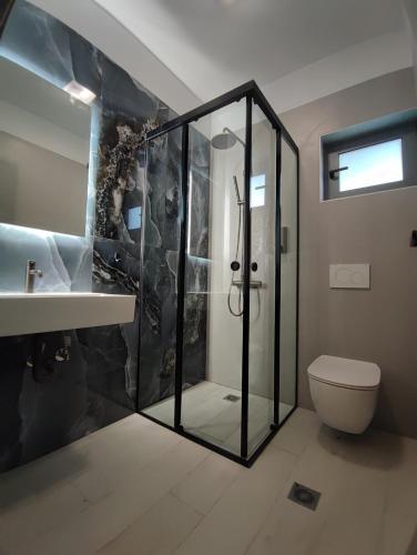 a bathroom with a shower and a toilet and a sink at Corali Studios in Ammoudia