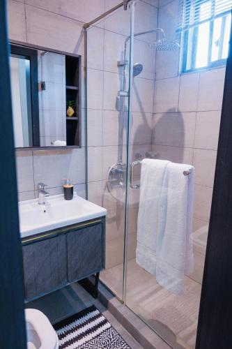 a bathroom with a shower with a sink and a toilet at Amber in Tema