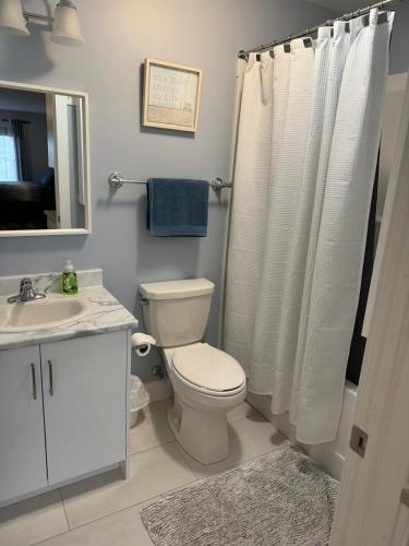 a bathroom with a toilet and a sink and a shower at Studio Guest Apartment in Dartmouth in Halifax