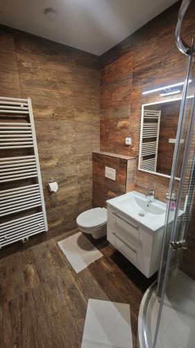 a bathroom with a toilet and a sink at Penzion U Hyklů in Veřovice