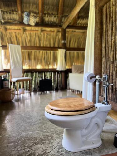 a white toilet with a wooden seat in a room at Ecolodges La Nuit in La Vega