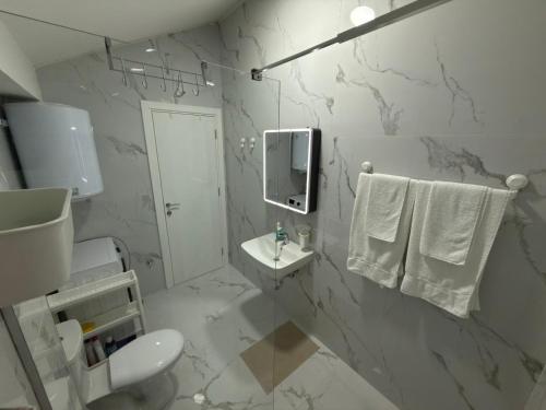 a white bathroom with a toilet and a sink at Apartman Nadja in Podgorica