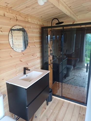 a bathroom with a sink and a shower at Grand Chêne in Saint-Racho