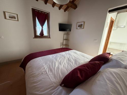 a bedroom with a large white bed with red pillows at Il Casale del Tiglio in Monteleone dʼOrvieto