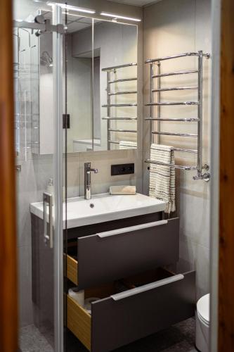 a bathroom with a sink and a mirror at Zviedru Nams in Liepāja