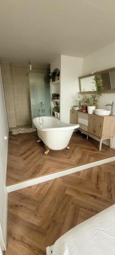 a large bathroom with a tub and two sinks at Paris Appartement 2-pièce Master Bedroom Romantique in Alfortville
