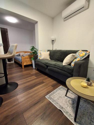 a living room with a green couch and a table at Apartment Allapera in Svibovec Podravski