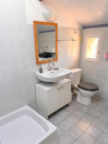 a bathroom with a sink and a toilet and a mirror at Charmant T3 au centre de gréoux les bains in Gréoux-les-Bains