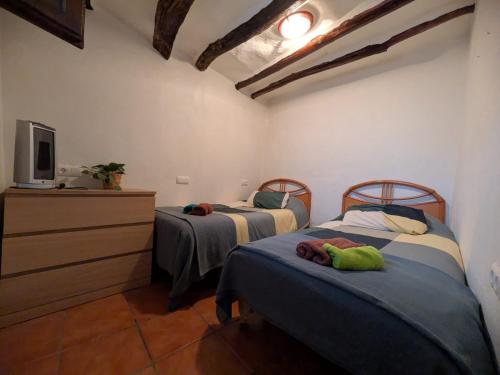 a bedroom with two beds and a dresser with a tv at Acogedora casa en Pampaneira in Pampaneira