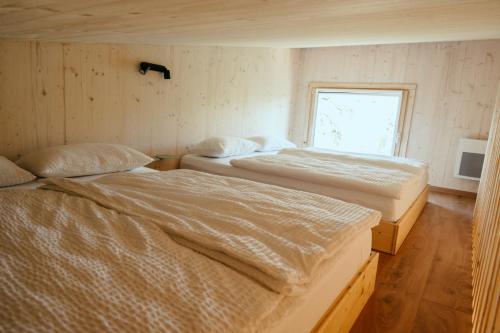two twin beds in a room with a window at Mokuzo Tiny Houses in Lauingen
