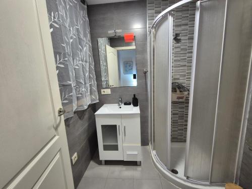 ein Badezimmer mit weißem Waschbecken und Dusche in der Unterkunft Checoira in Ourense