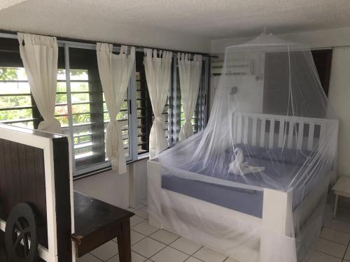 a bed with a canopy in a room with windows at La Panache Guesthouse in Gros Islet