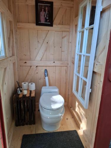 a bathroom with a toilet in a wooden cabin at Gäststugan in Alingsås