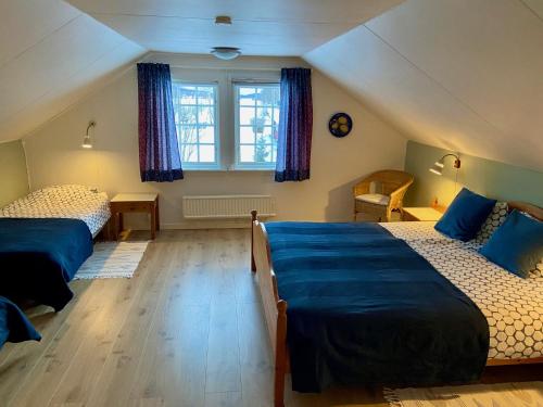 a attic bedroom with two beds and a window at THE LODGE Torsby in Torsby