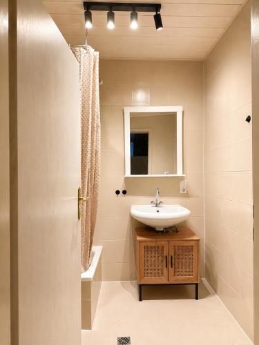 a bathroom with a sink and a mirror at Das Mosel Ferienhaus in Zell an der Mosel