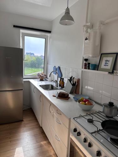 a kitchen with a stainless steel refrigerator and a sink at CityZen Apartment CpH in Copenhagen