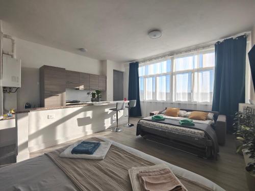 a living room with a bed and a kitchen at Mini Loft con terrazza vista Alpi in Vinovo
