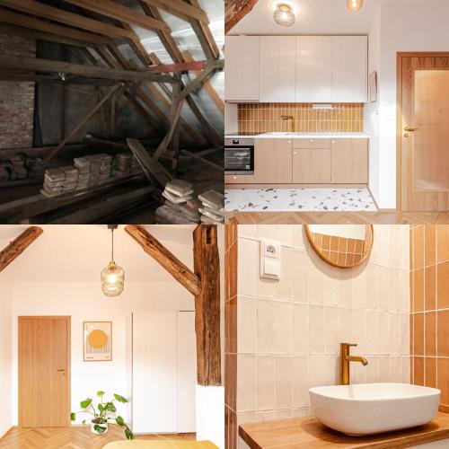 a collage of photos of a kitchen and a bathroom at Podkrovní Apartmán in Třebíč