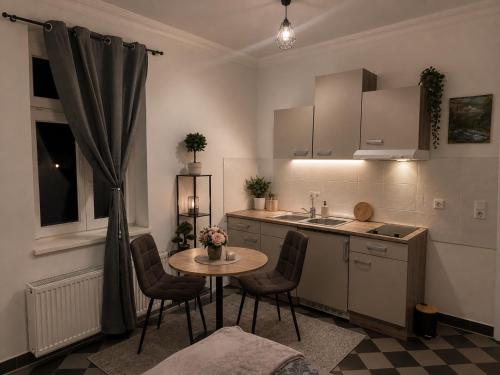 a kitchen with a table and chairs and a sink at Peaceful & Cozy Apartment in Dresden