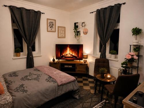 a bedroom with a bed and a fireplace at Peaceful & Cozy Apartment in Dresden
