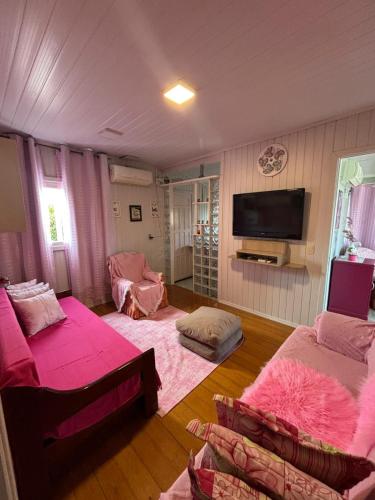 a living room with pink furniture and a flat screen tv at casarosaencantada -villaencantorosa in Gramado