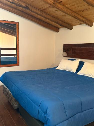 a bedroom with a blue bed and a mirror at Gr Turismo in Los Molles