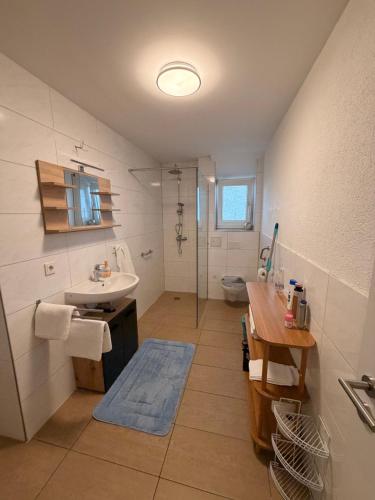 a bathroom with a sink and a shower at Appartement Heidstock in Völklingen