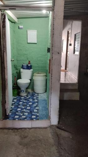 a bathroom with a toilet and a green wall at SWELL house, EL TUNCO in El Sunzal