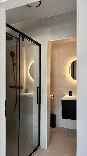 a bathroom with a glass shower and a sink at PW38 Studio Koblenz in Koblenz