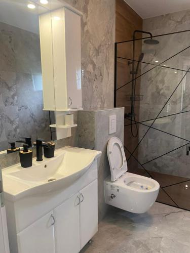 a bathroom with a white toilet and a sink at Villa Una-Adi-Ela in Bihać