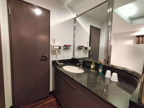 a bathroom with a sink and a large mirror at 富士OUTLET Hotel in Gotemba