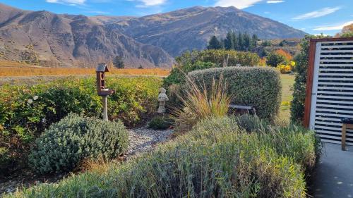 a garden with a bench and mountains in the background at Lodges On Pearson Unit 1 in Cromwell