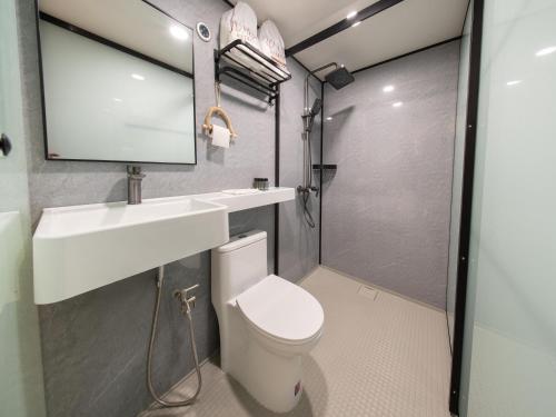 a bathroom with a toilet and a sink and a mirror at Lù Yīng Retreats in Bukit Tinggi