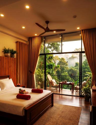 a bedroom with a bed and a large window at Green cottage Ella in Ella