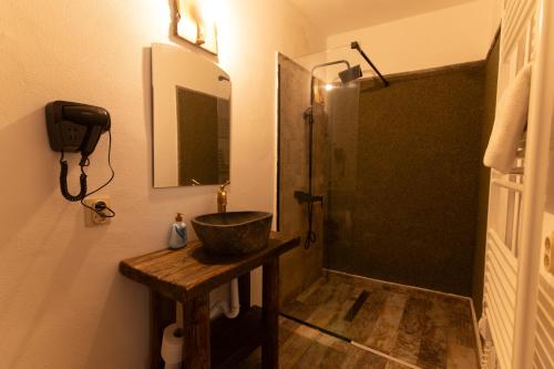 a bathroom with a sink and a shower at Rácz Vadászkúria in Racoşu de Sus