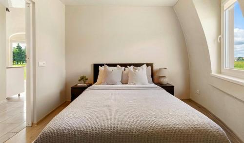 a bedroom with a large bed with pillows and a window at Kupolo patyrimas in Jurgeliškė